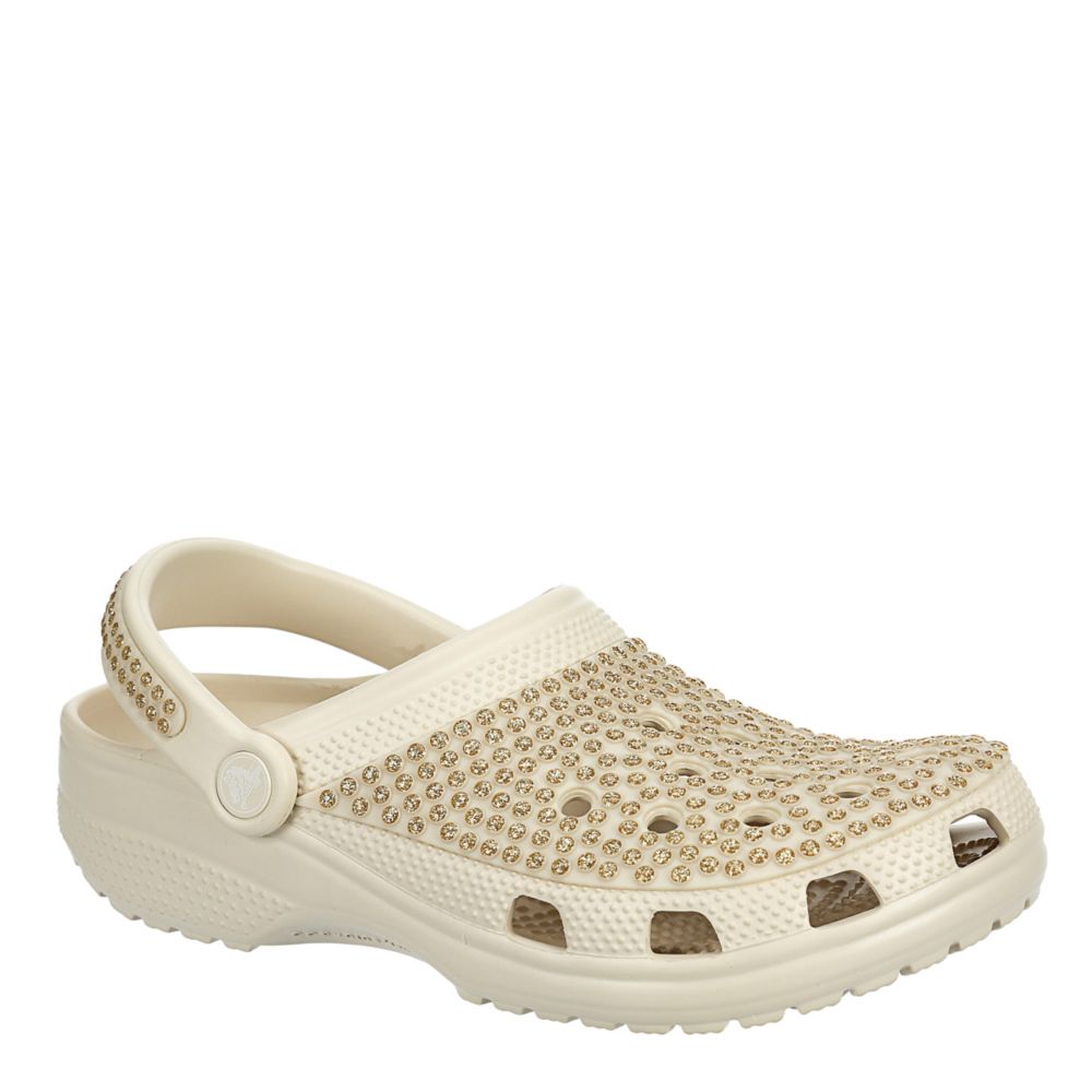 Off White Rhinestone Crocs Womens Classic Clog, Neutral Rhinestone Crocs, Sandals