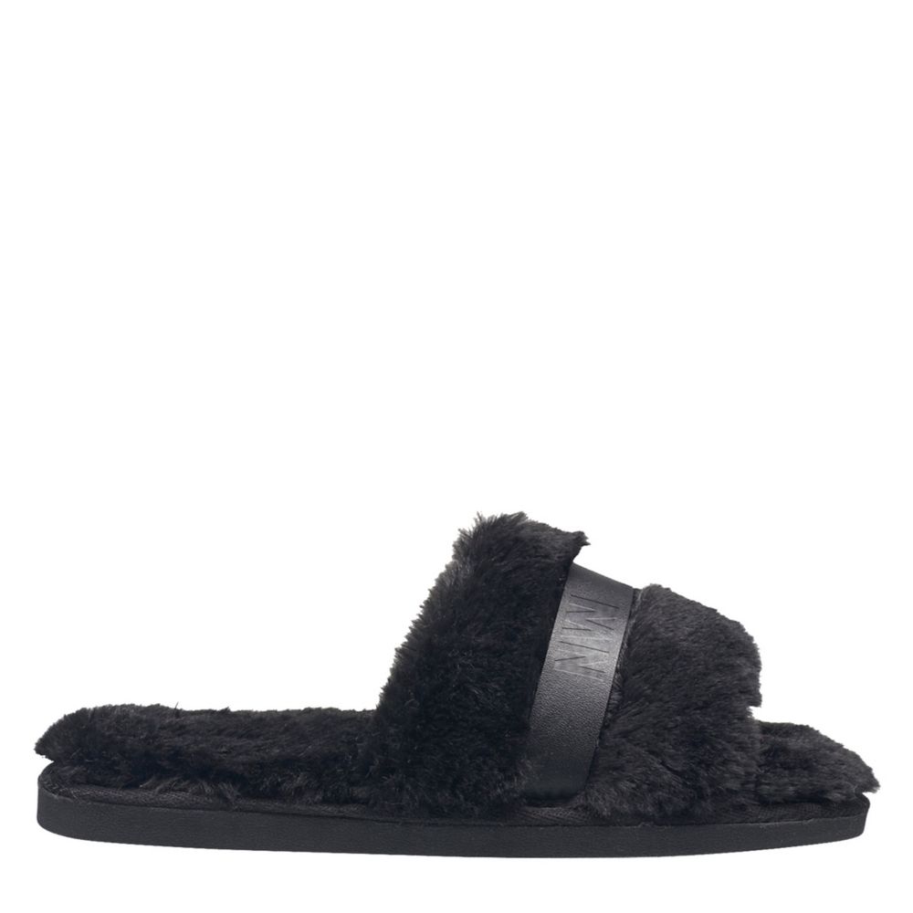 Black Nine West Womens Faux Fur Slide Slipper, Slippers