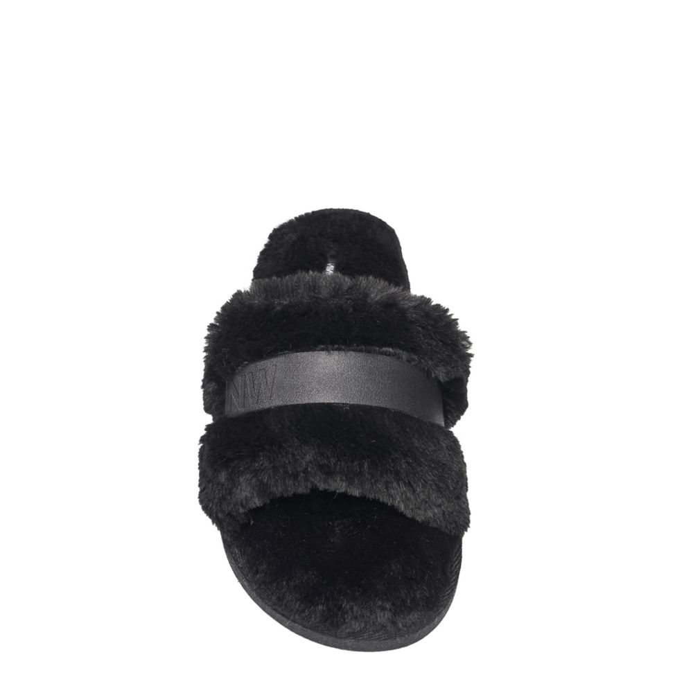 Black Nine West Womens Faux Fur Slide Slipper, Slippers