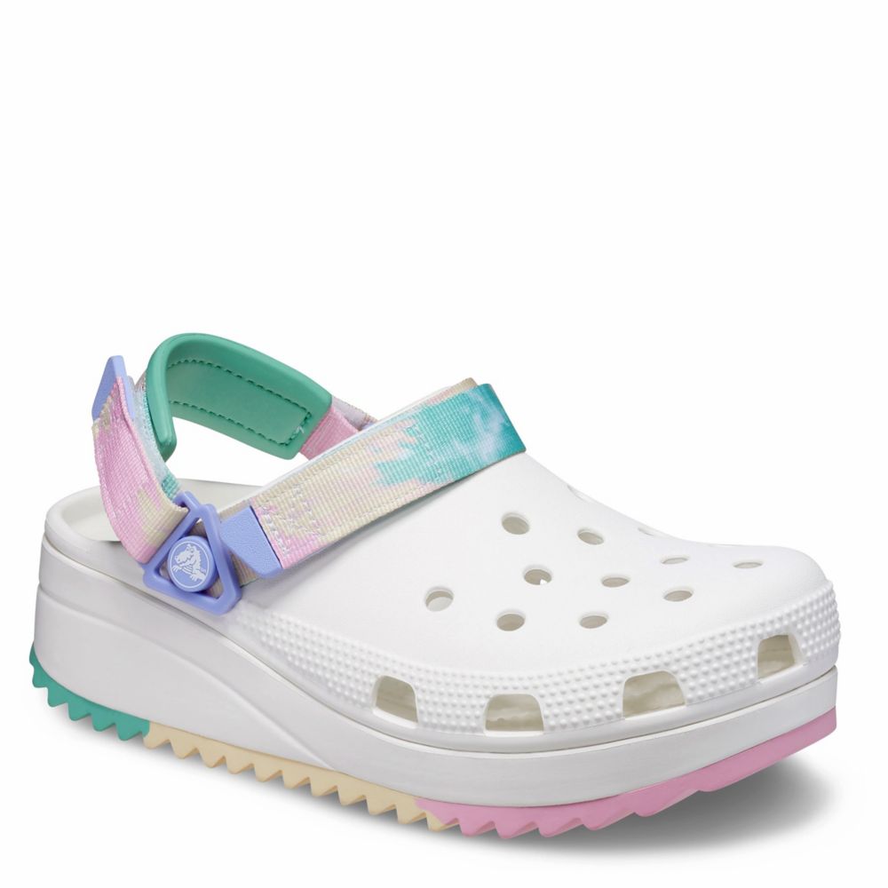 White crocs cheap with rainbow bottom