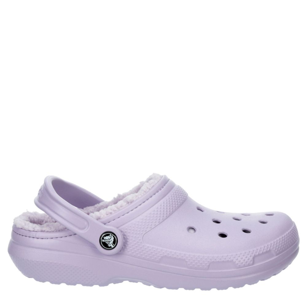 purple furry crocs