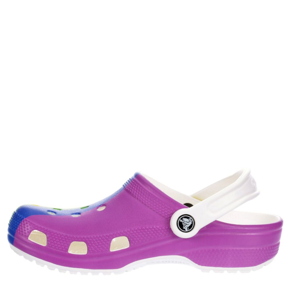 white crocs with rainbow words