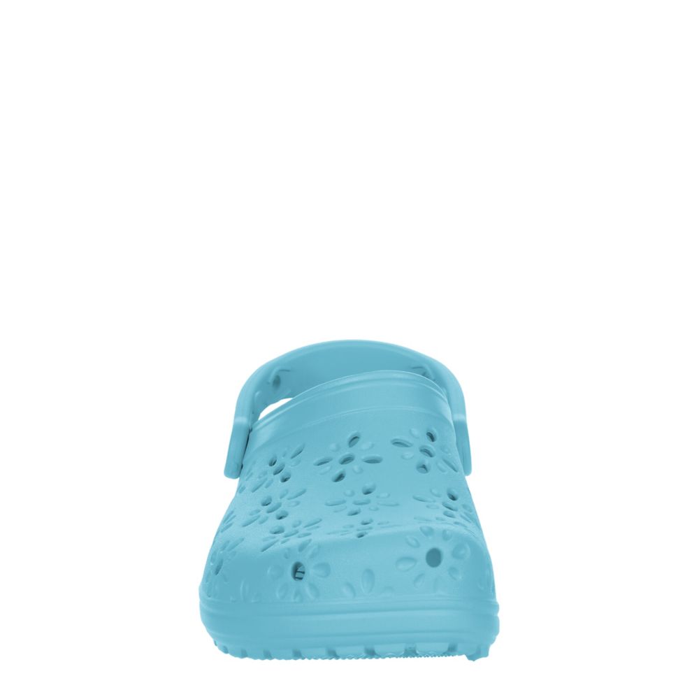 CROCS WOMENS CLASSIC FLORAL CUT OUT CLOG - BLUE