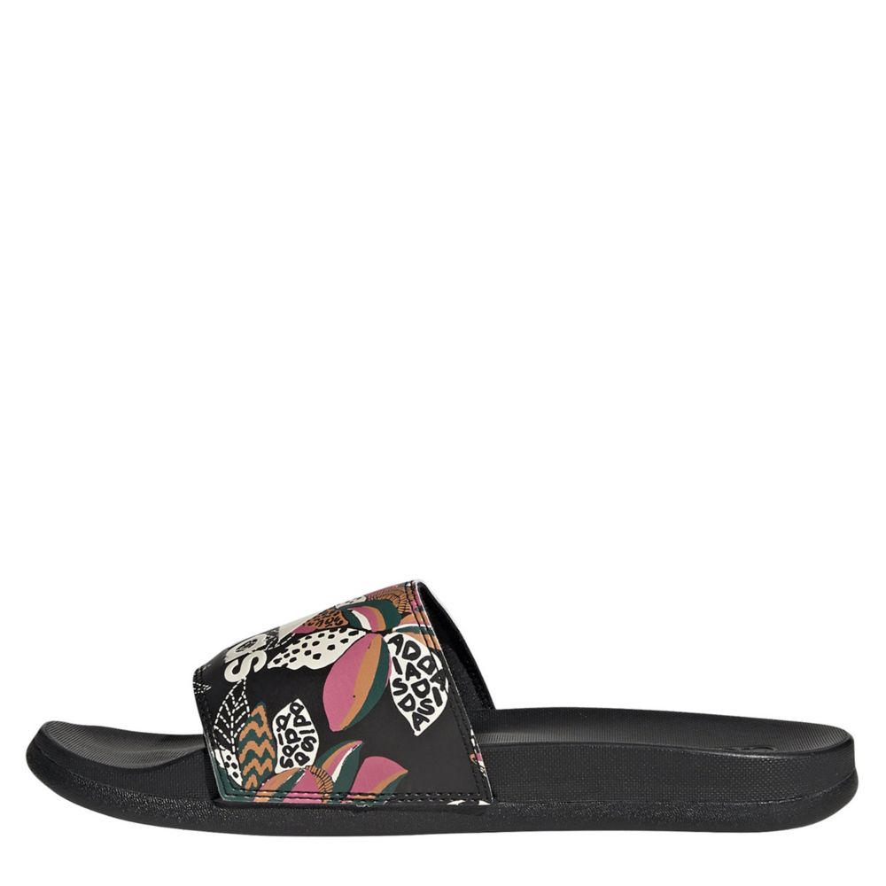 Black Adidas Womens Adilette Comfort Slide Sandal | Floral | Rack Shoes