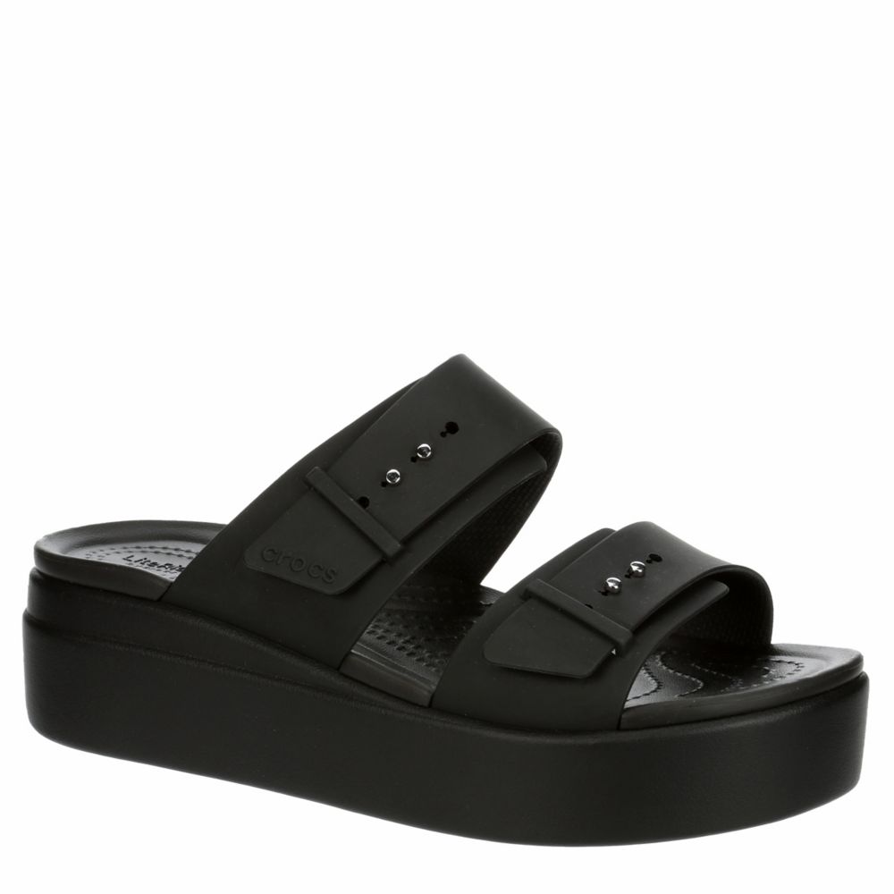 BLACK CROCS Womens Brooklyn Buckle Low Wedge Sandal