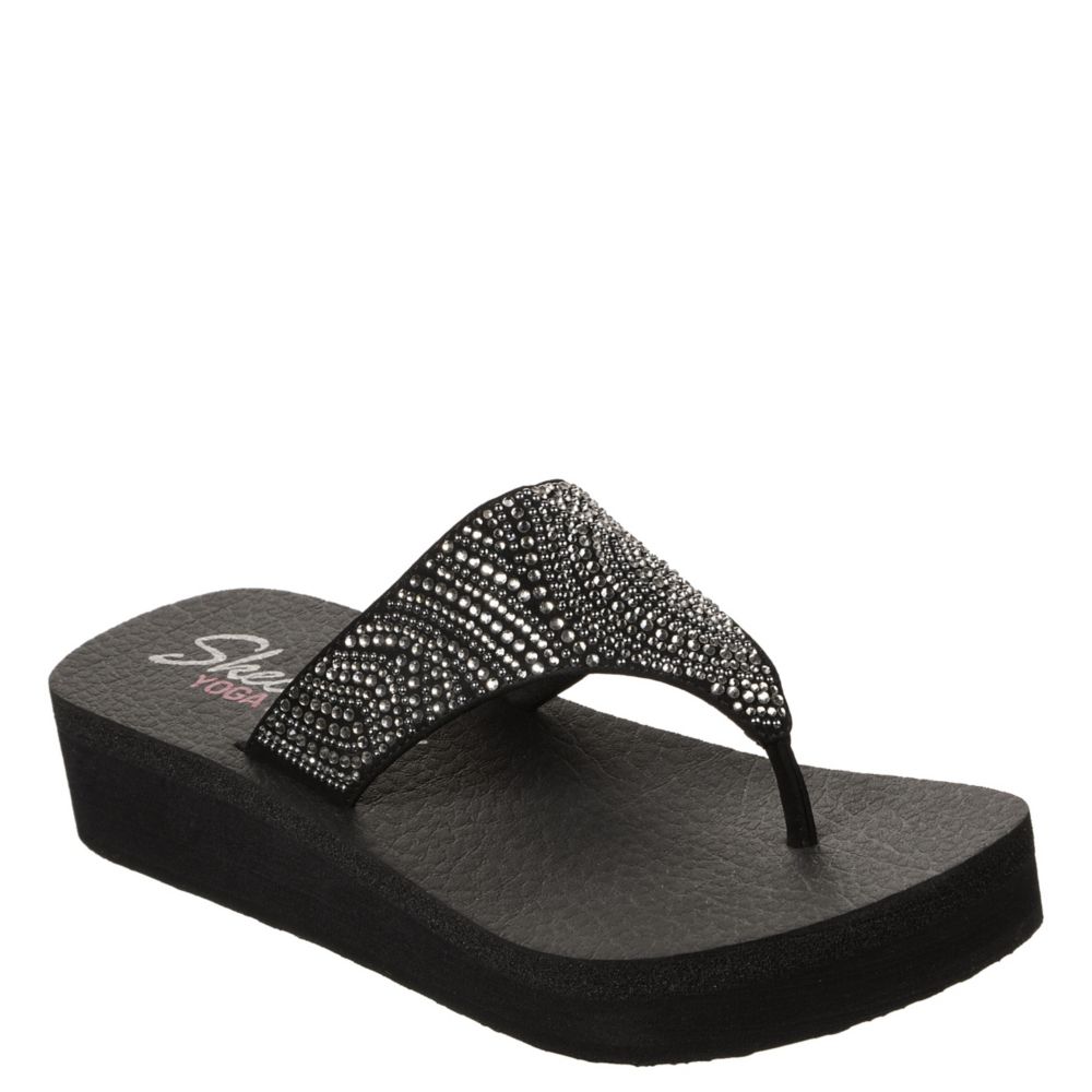 skechers black mid heel diamante strap flip flops