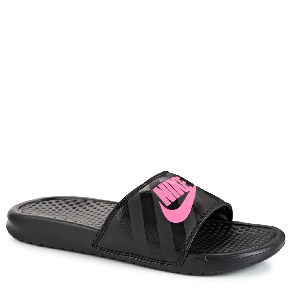womens black and pink nike slides