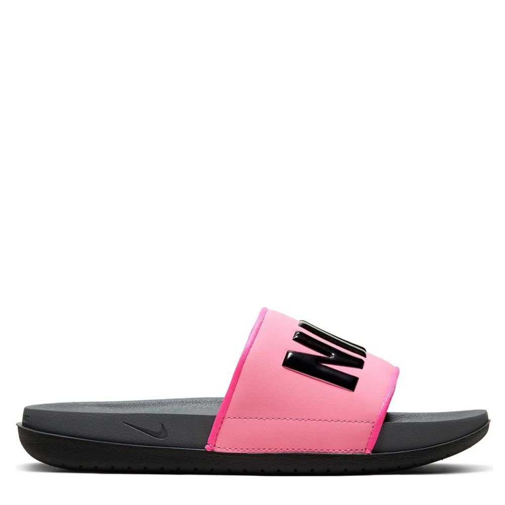 black and pink nike sliders