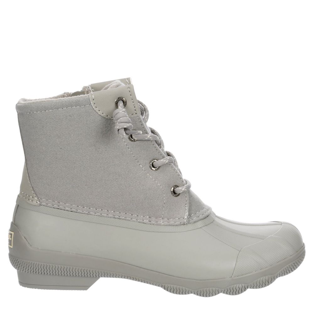 white and grey duck boots