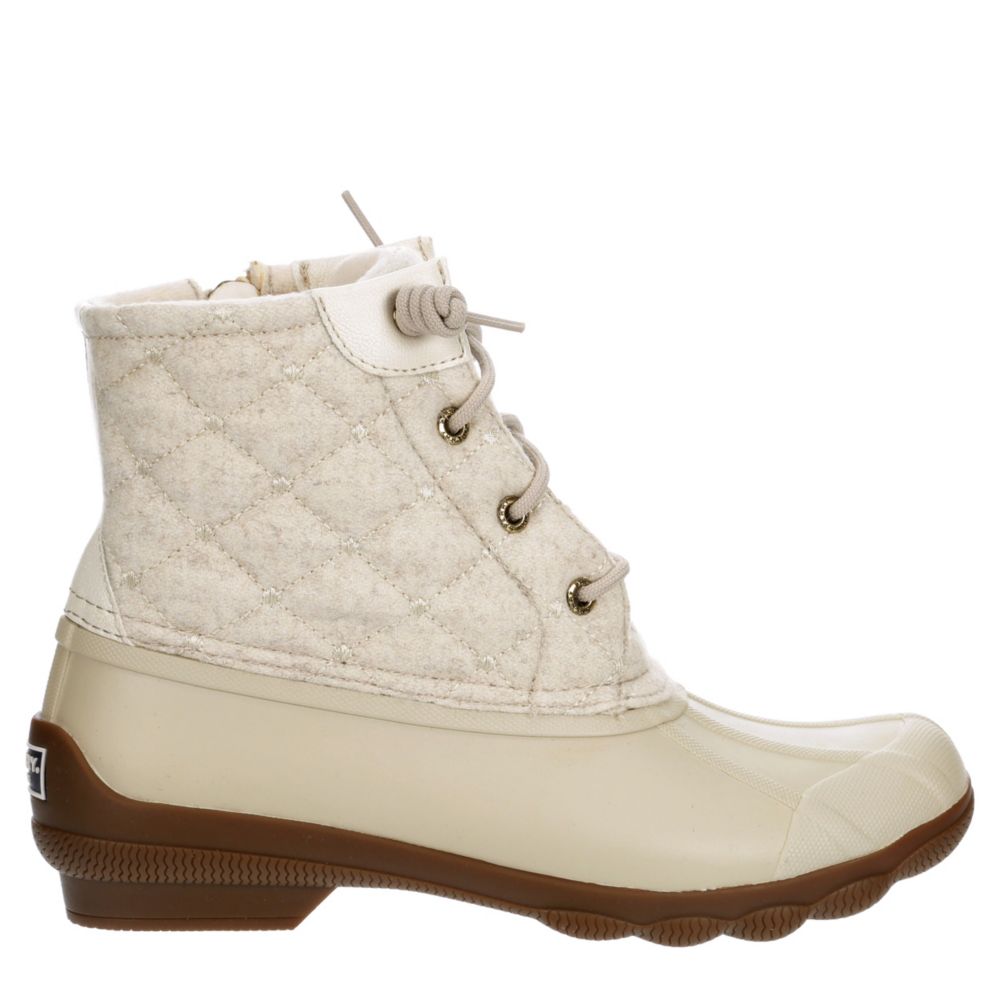 white and grey sperry boots