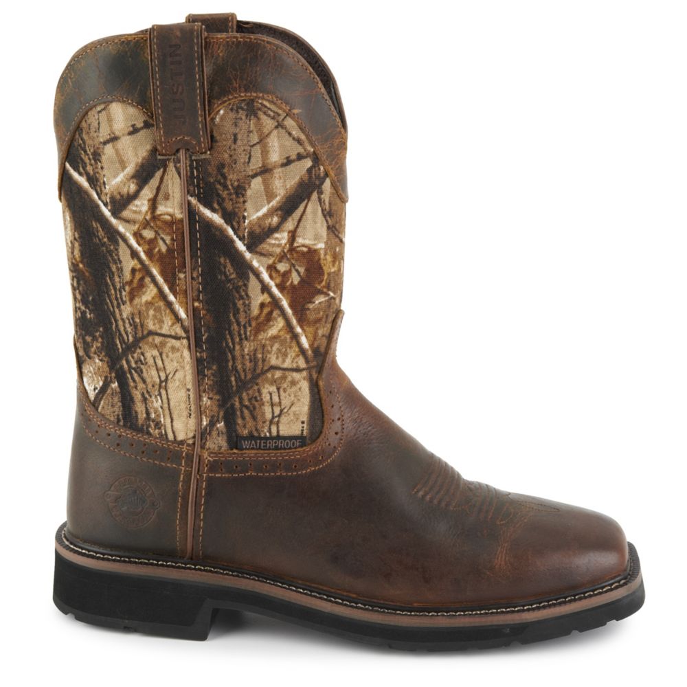 justin stampede camo waterproof work boot