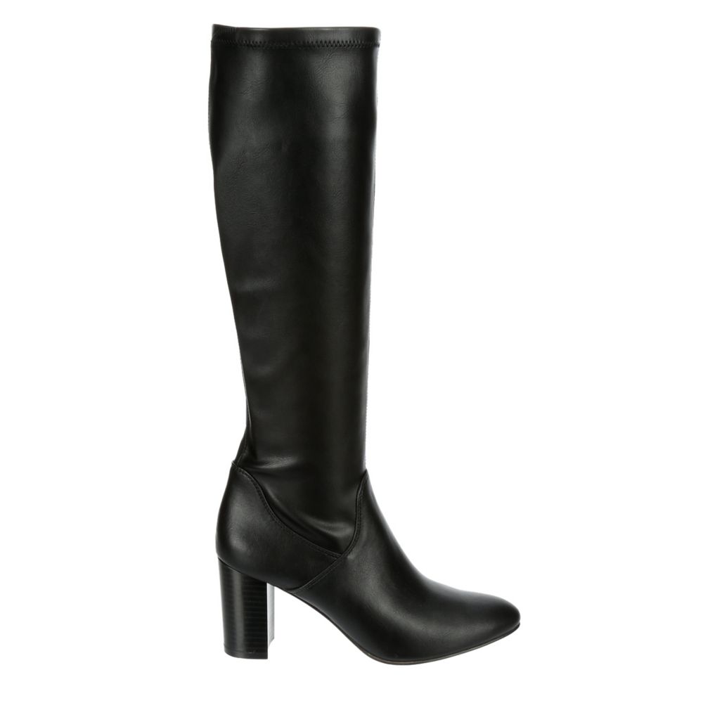 Block Heel Knee High Boots - Black Leather