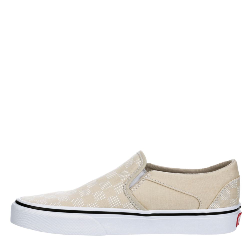 tan and white slip on vans