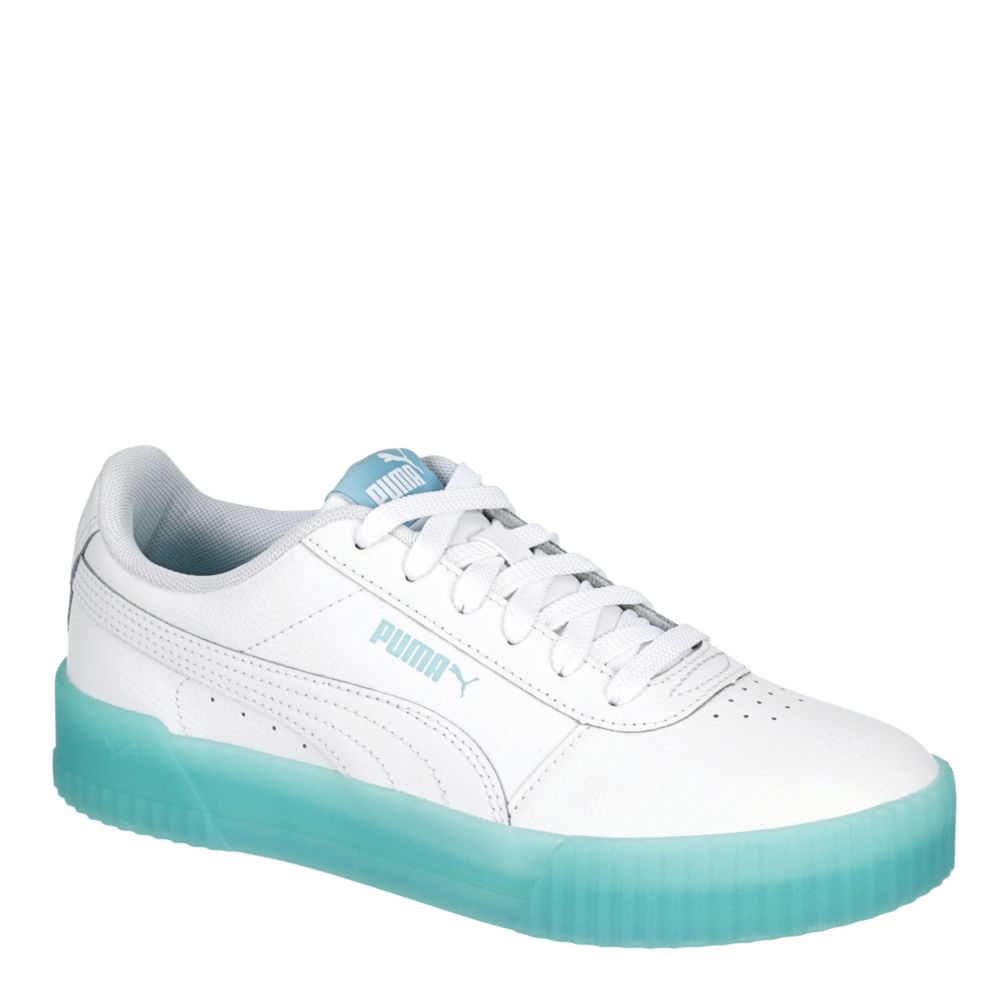 white and blue puma sneakers