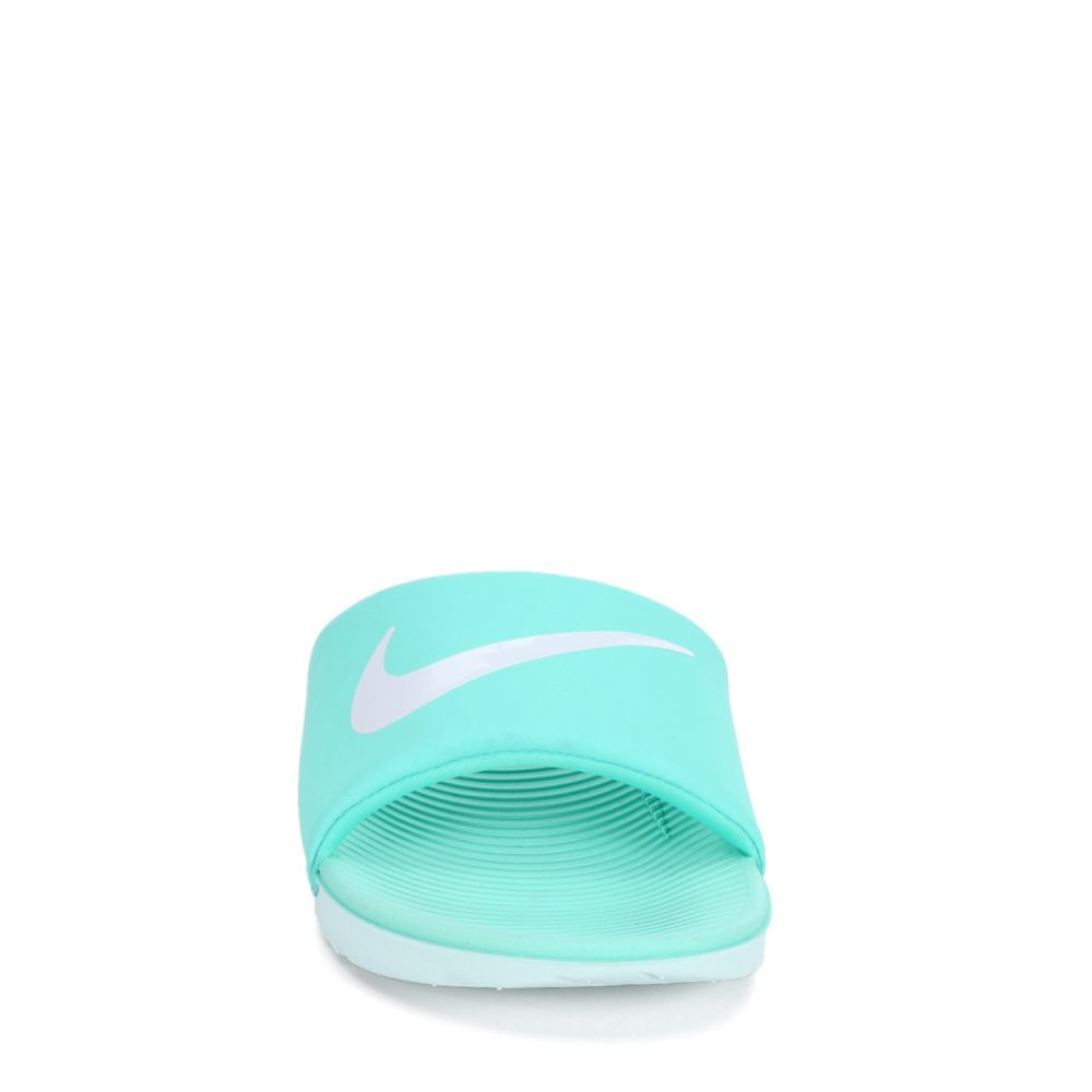 teal and white nike slides