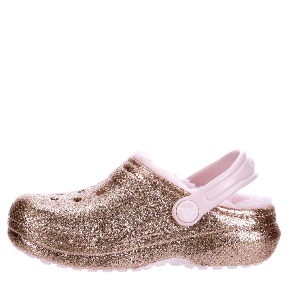 Gold glitter crocs with pink online fur