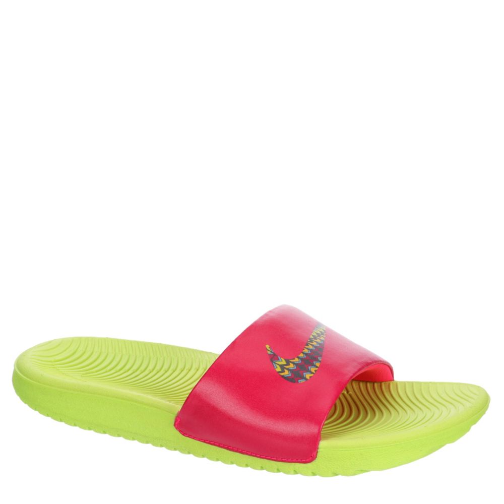 pink and yellow nike slides
