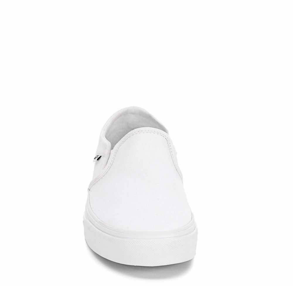 grey and white vans slip on