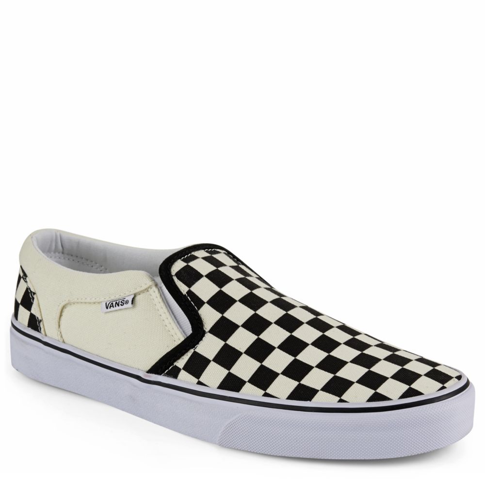 white slip on checkered vans