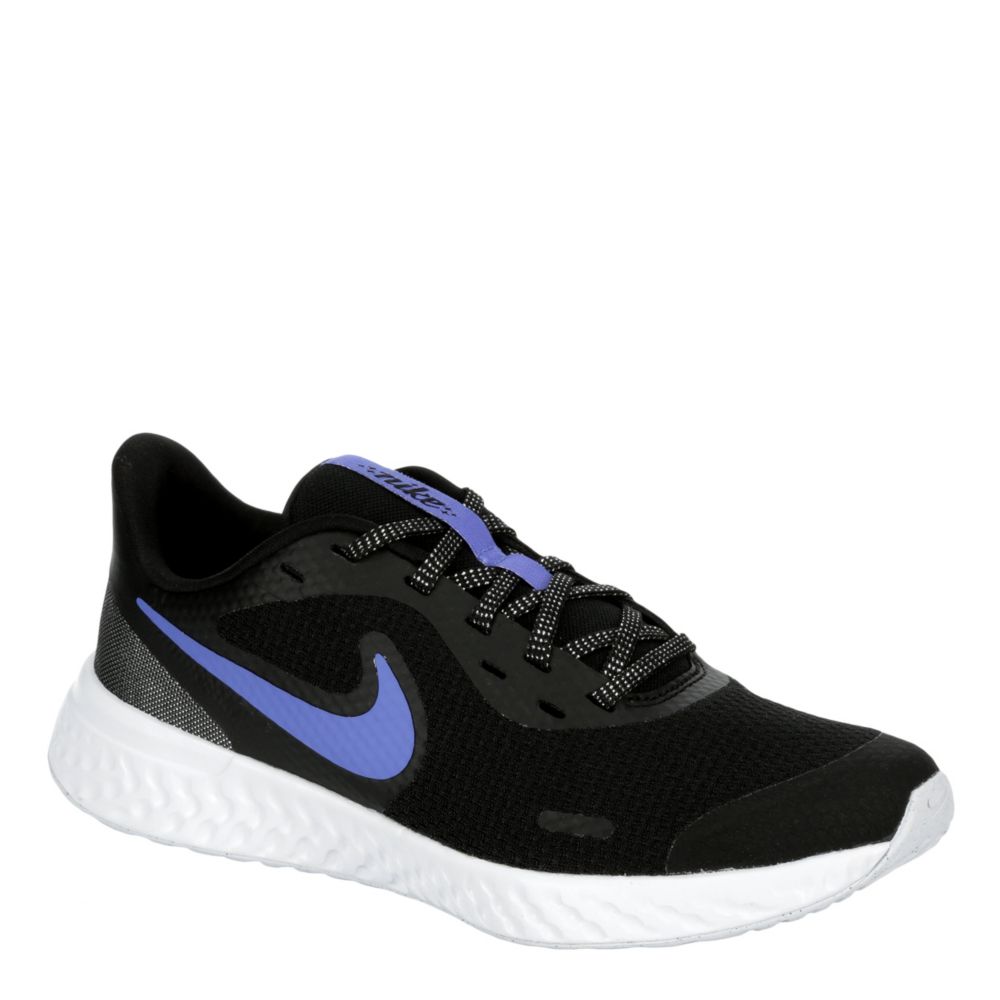 black nike shoes with blue swoosh