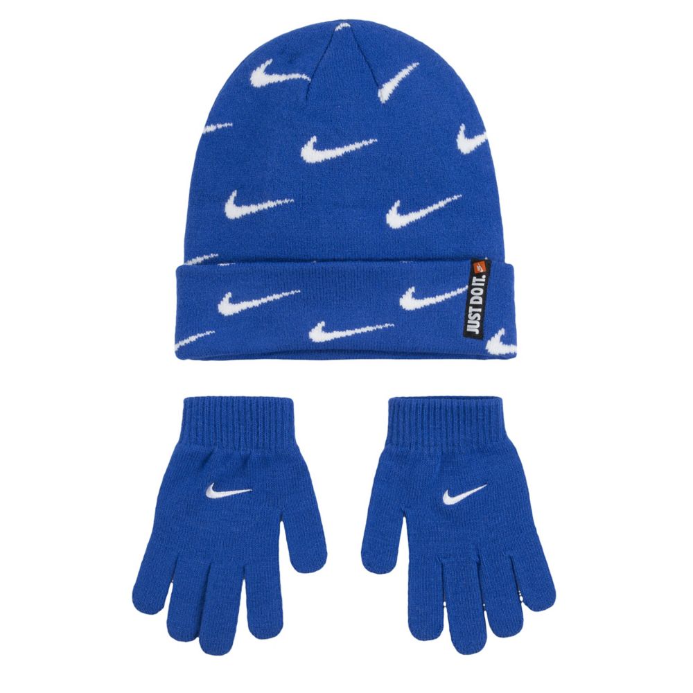 BOYS SWOOSH ALL OVER PRINT ROLL CUTT BEANIE SET