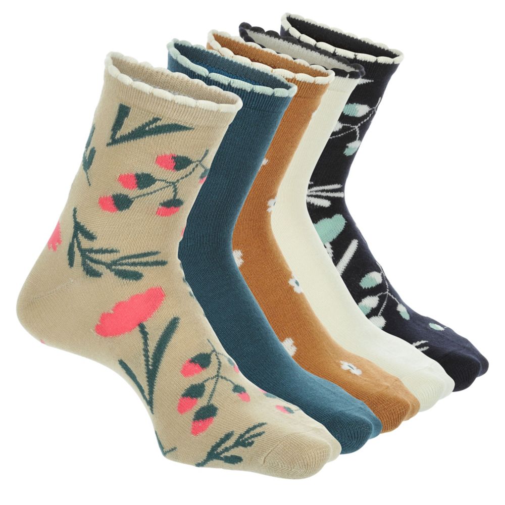 WOMENS FLORAL SCALLOP WELT QUARTER SOCKS 5 PAIRS