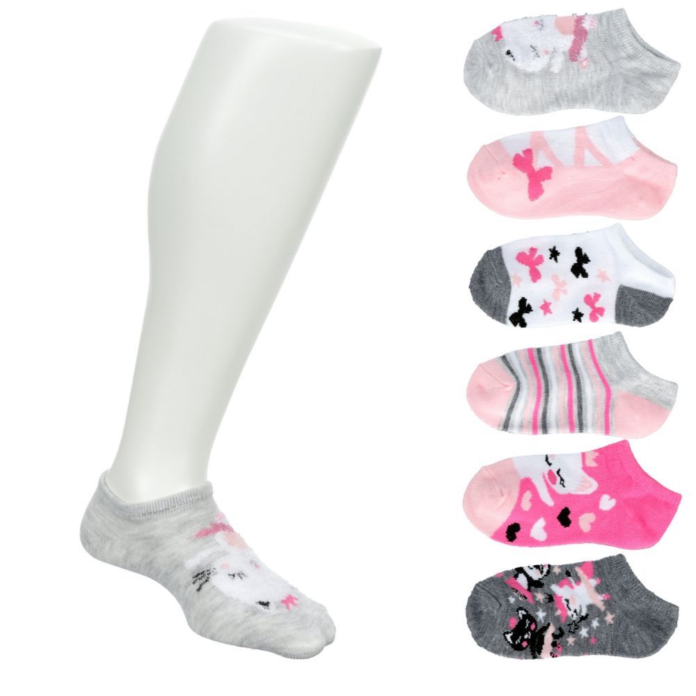 Pink Girls Kitty Ballerina No Show Socks 6 Pairs, Sof Sole