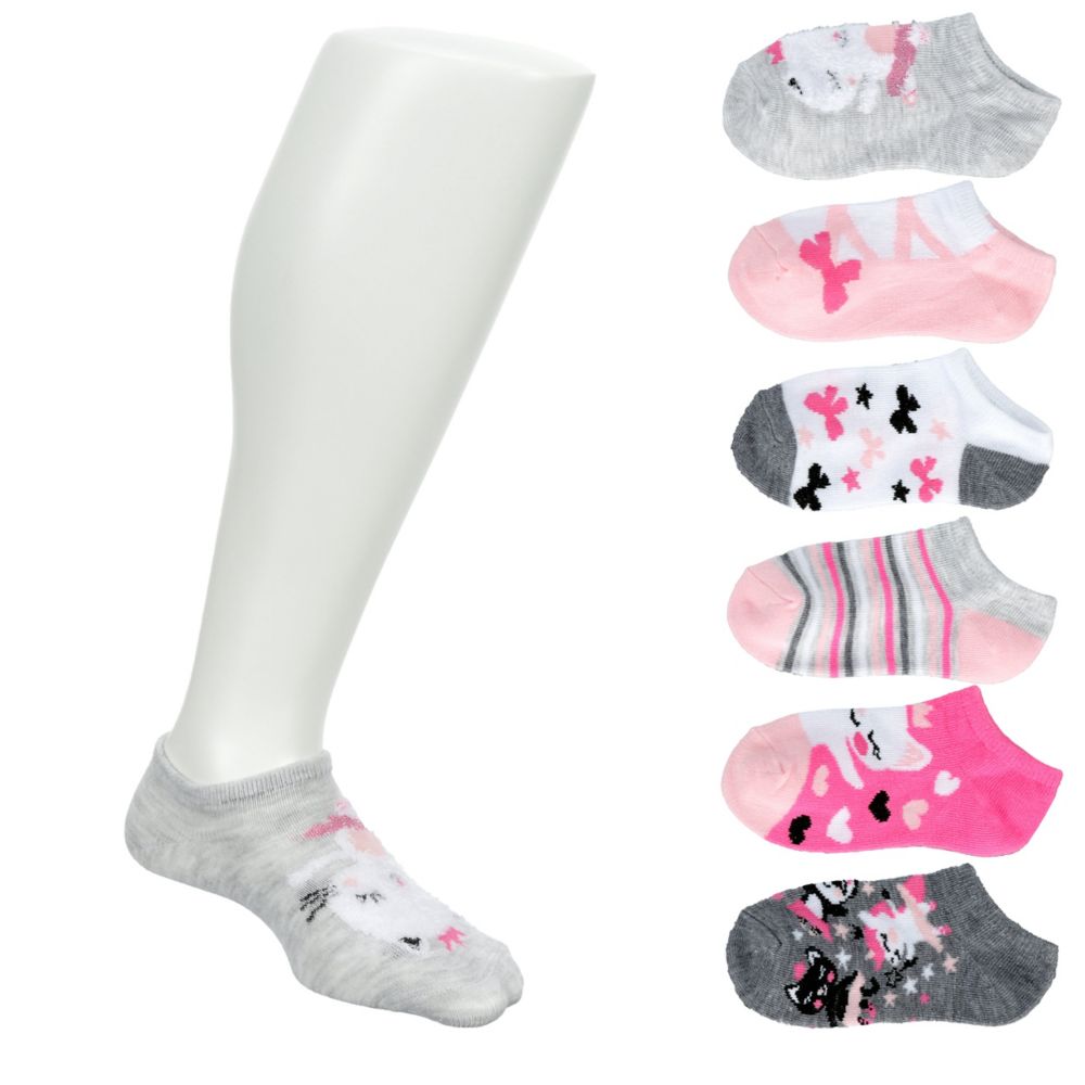 GIRLS KITTY BALLERINA NO SHOW SOCKS 6 PAIRS - PINK