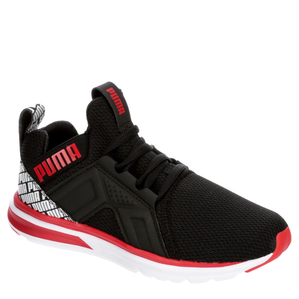 puma black and red sneakers