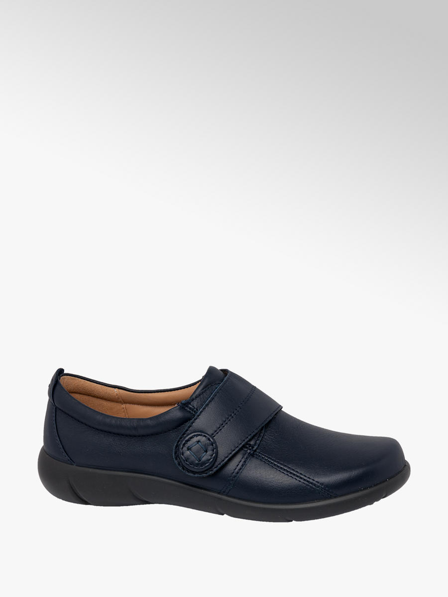 Hotter Ladies Leather Rip Tape Slip On Shoes Navy Deichmann