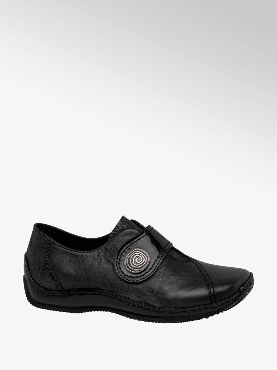 ladies black leather slip on shoes