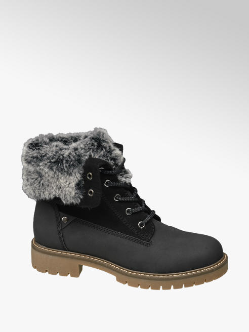 Landrover Ladies Fur Top Lace-up Ankle Boots Black | Deichmann