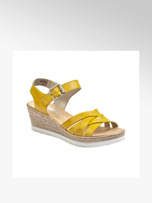 Rieker Žlté kožené komfortné sandále na klinovom podpätku Rieker