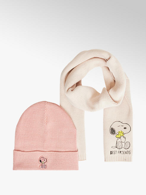 Peanuts różowo-beżowy zestaw dziewczęcy czapka i szalik